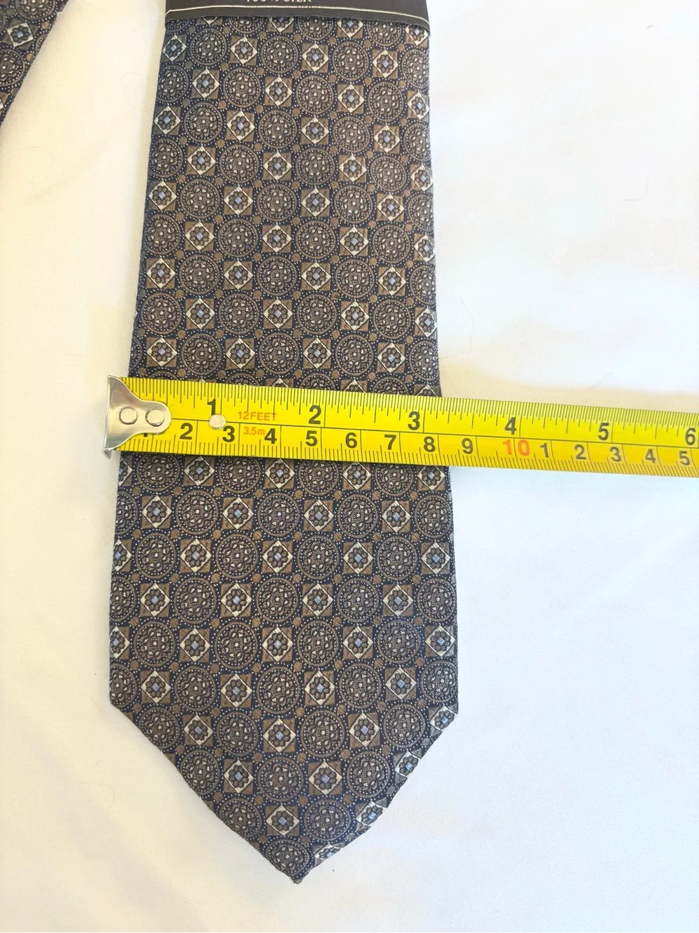 Tasso Elba brown blue and Gold Geometric Silk Tie